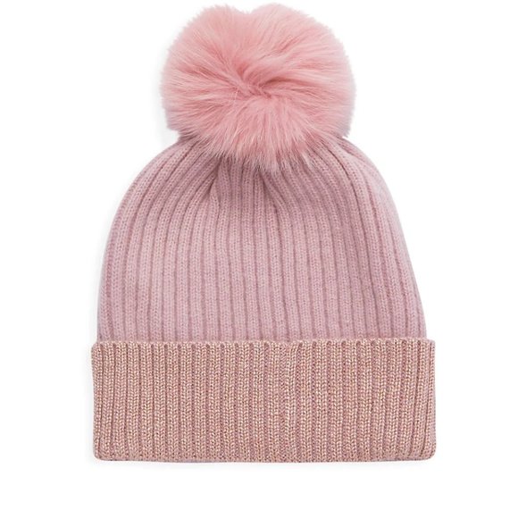 Sofia Cashmere Accessories - Fox Fur Pom-Pom & Metallic Cuff Cashmere Beanie